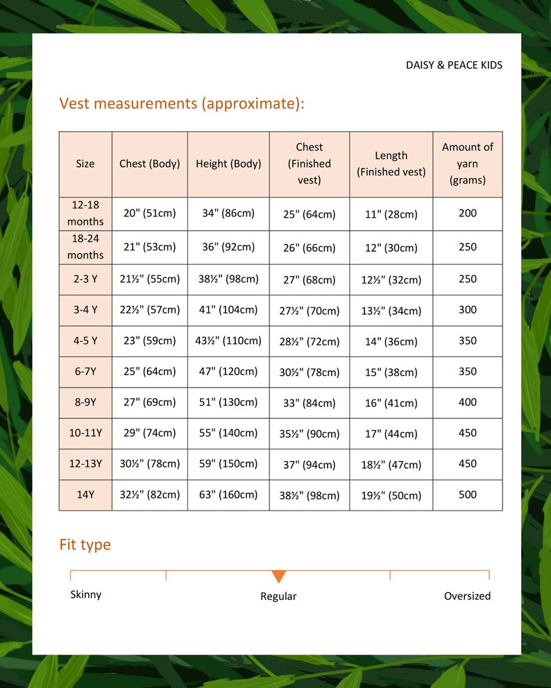 May include: A chart showing vest measurements in inches and centimeters for different sizes, from 12-18 months to 14 years. The chart also includes the amount of yarn needed in grams for each size.