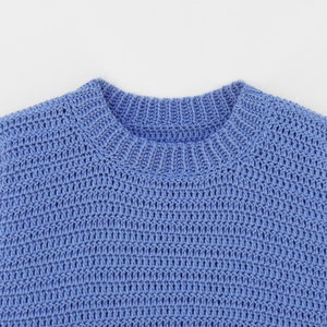 May include: A light blue knitted sweater with a crew neck.