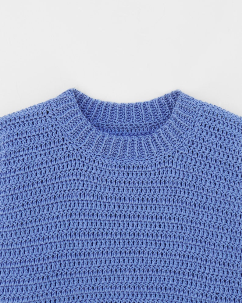 May include: A light blue knitted sweater with a crew neck.