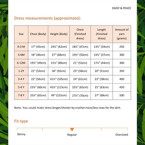 May include: A chart showing dress measurements in inches and centimeters for different sizes, from 0-3 months to 7-8 years. The chart also includes the amount of yarn needed for each size in grams. The chart is titled "Dress measurements (approximate):" and is from the company Daisy & Peace. The chart also includes a section titled "Fit type" with the options "Skinny", "Regular", and "Oversized".