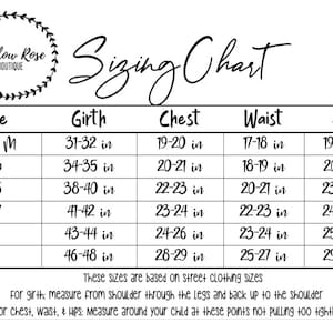 Peut inclure: Un tableau des tailles pour v&ecirc;tements d'enfants avec des mesures en pouces pour la taille, le tour de taille, la poitrine, la taille et les hanches. Le tableau comprend les tailles de 18 &agrave; 24 mois &agrave; la taille 10.