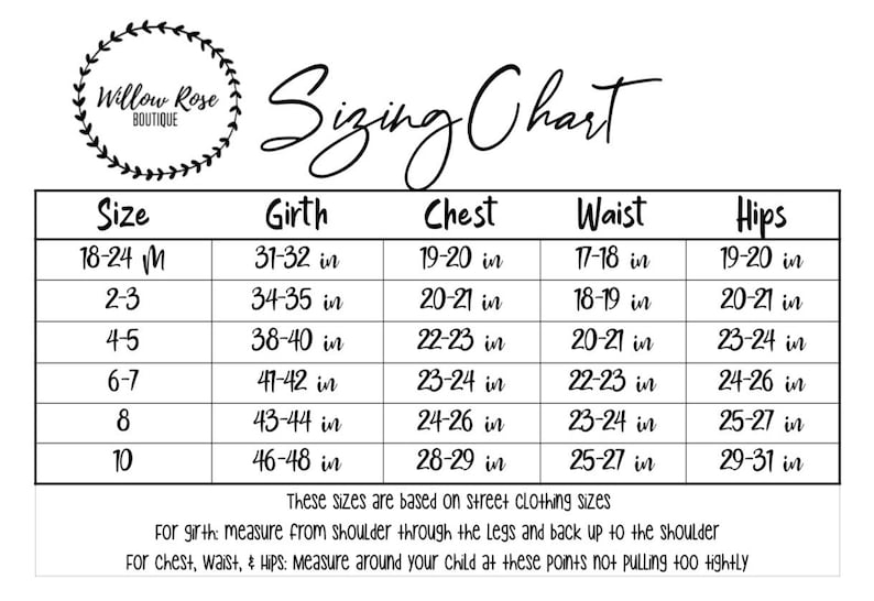 Peut inclure: Un tableau des tailles pour v&ecirc;tements d'enfants avec des mesures en pouces pour la taille, le tour de taille, la poitrine, la taille et les hanches. Le tableau comprend les tailles de 18 &agrave; 24 mois &agrave; la taille 10.