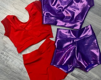 Ensemble court motard ou legging Dance Cheer avec manches en résille/Tumbling/Vêtements de sport pour enfants/Déguisement de danse
