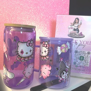 Taza de vidrio en lata de 16 oz de Kawaii Kitty and Friends / Taza de vidrio en lata, taza de vidrio con tapa y pajita, personalizada, idea de regalo, kawaii, taza para café con leche