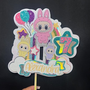 Labubu cake topper with confetti and LED light, personalized for a colorful Labubu birthday Labubu Cake Topper, Birthday Party