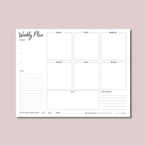 Könnte beinhalten: Ein druckbarer Wochenplaner mit Abschnitten für Top-Ziele, To-Do-Liste, Montag bis Freitag, Wochenende, Notizen, Lieblingsmomente und einem Abschnitt, um zu bewerten, wie die Woche gelaufen ist. Der Planer enthält auch einen Abschnitt, um zu verfolgen, ob die drei wichtigsten Wochenziele erreicht wurden.