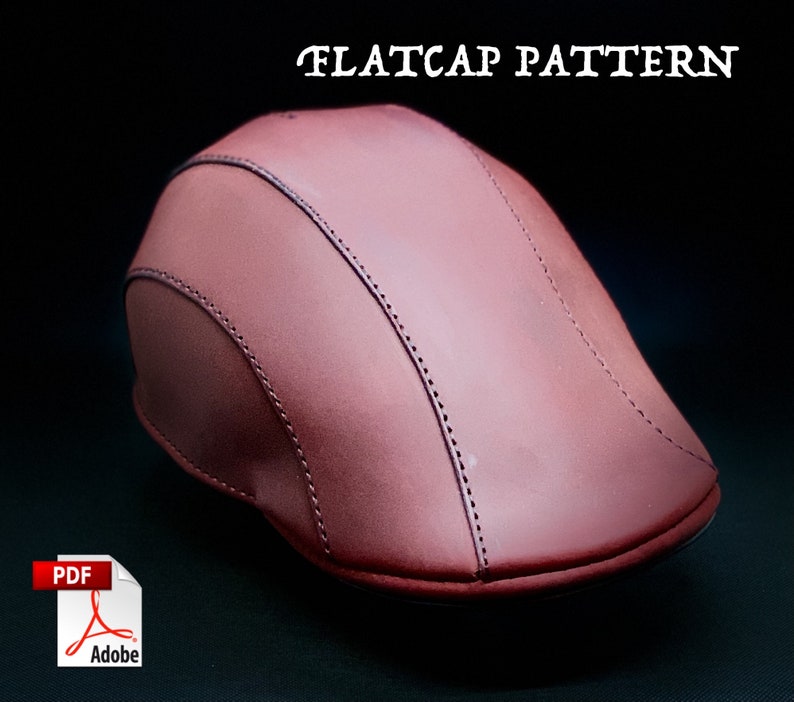 May include: A brown leather flat cap pattern, with the text "FLATCAP PATTERN" above the cap. The pattern is for a PDF download.