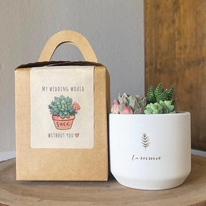 May include: A small white ceramic pot with a succulent plant, next to a brown gift box. The pot has a gold leaf design and the word "Lammie" in script. The gift box has a label that reads "My Wedding Would Succ Without You".
