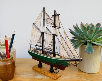 Vintage wooden yacht model home decor blue white wooden sailing boat retro decor wood Wood Boat beach decor three mast yacht gift for sailor
