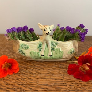 Vintage Kitsch Ceramic Fawn on Log Double Posy Vase