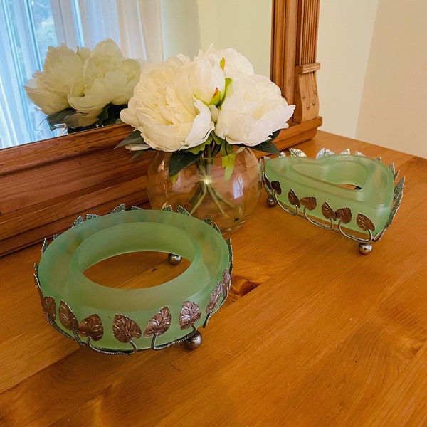 Bagley & Co Vintage 1930s Chrome and Green Frosted Glass Posy or Bloom Troughs.