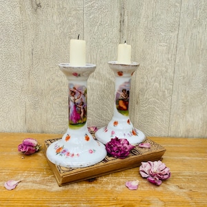 Pair of Vintage 19th Century German Dresden Porcelain Romantic Movement Candlesticks signed by Kaufmann