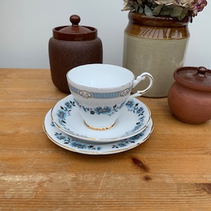 Gorgeous Blue and White Floral English Fine Bone China Tea Set Trio with Gilding