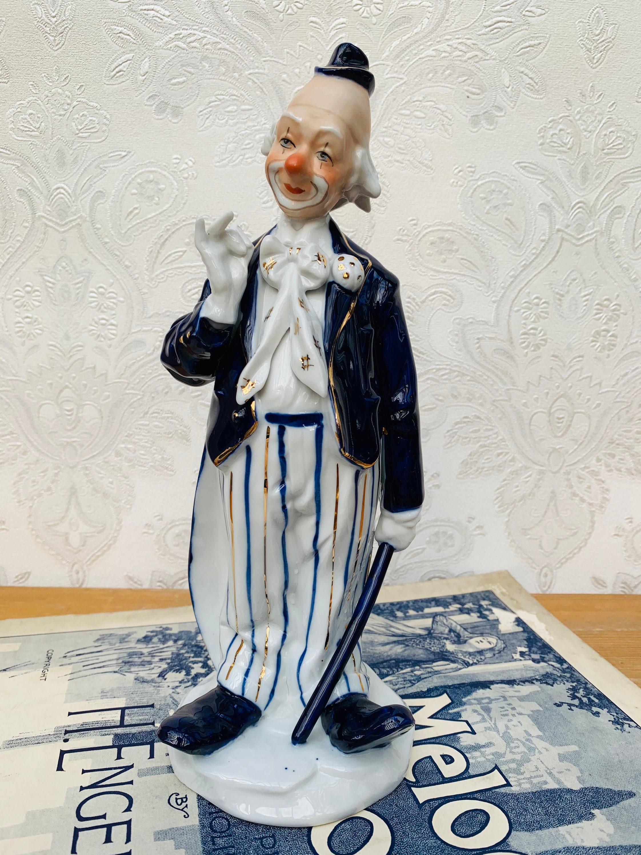 Pair of Vintage Porcelain Clown Figurines in Blue and White. Etsy