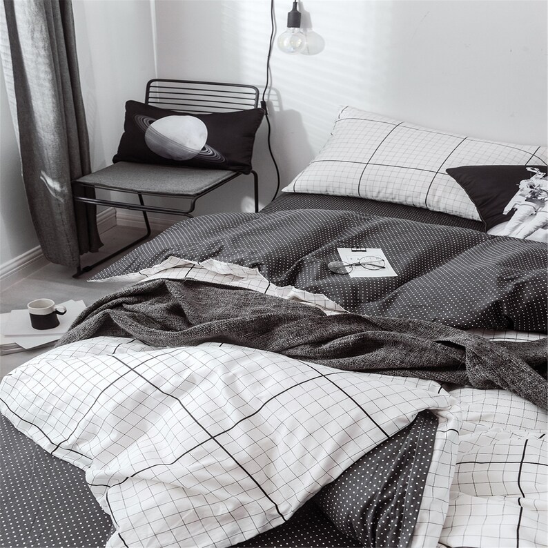 White Grid Cotton Bedding Set TwinQueenKing Duvet Cover Set Boho Quilt Cover Set Bedding Set For Couples For Boys For Teens Minimalist