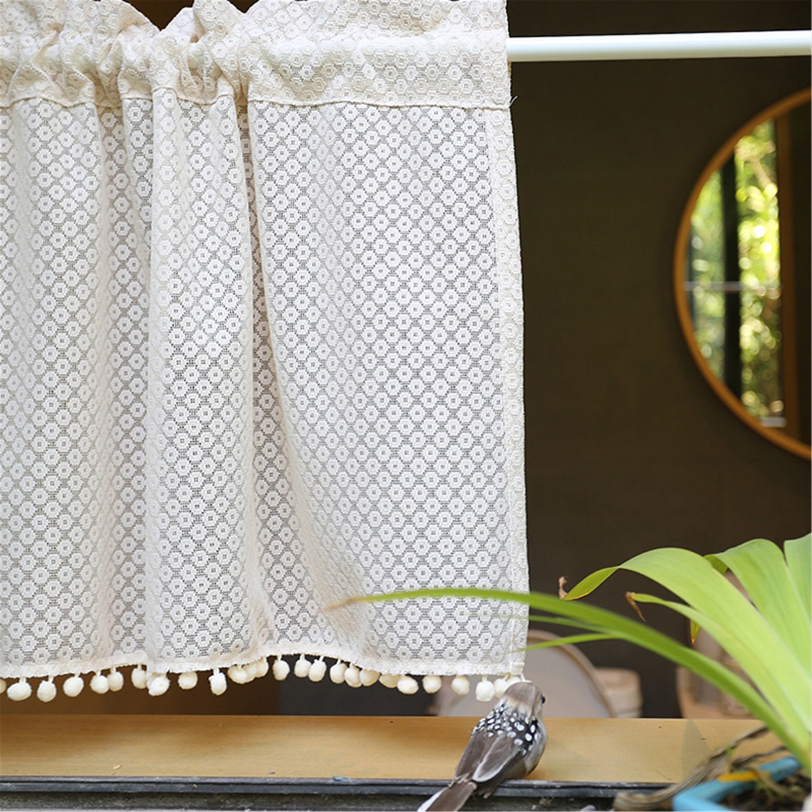 Cortinas de encaje hueca beige con pom poms cortinas para | Etsy