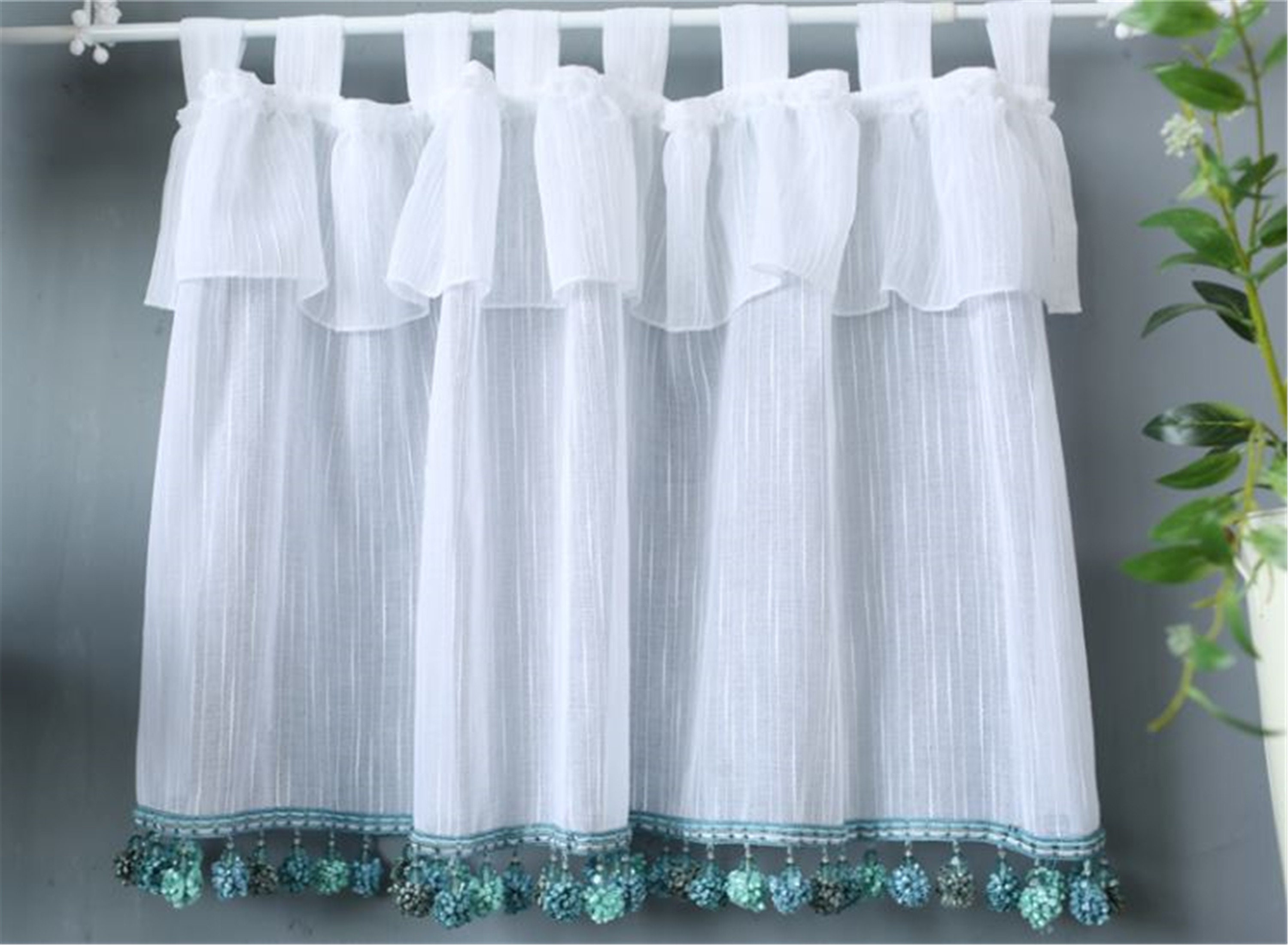 White Tab Top Curtains With Exquisite Pom Poms Window Etsy