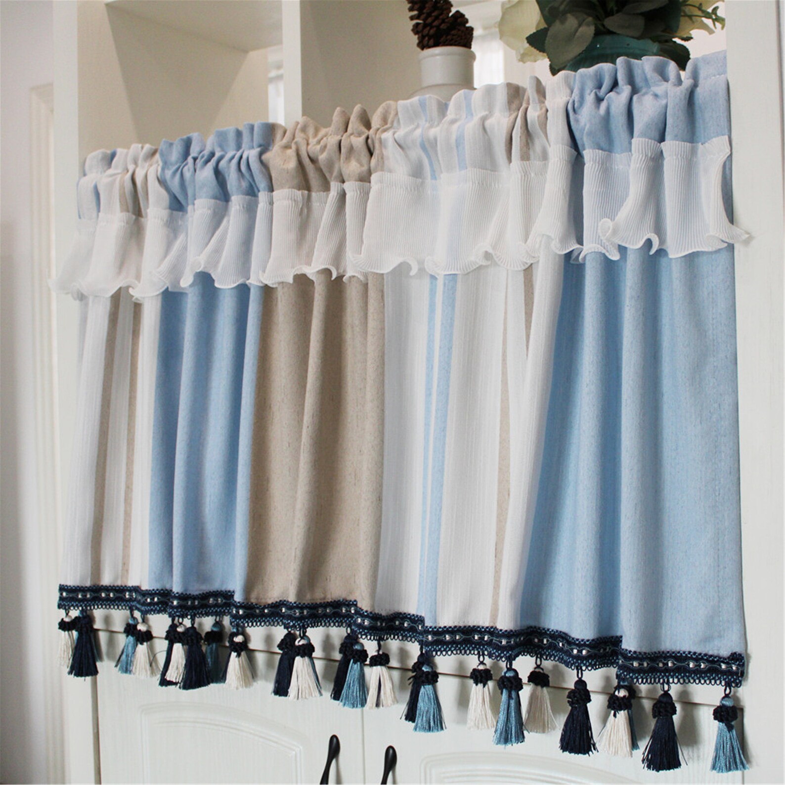 Blue Cotton Curtains For KitchenBoho Sheer Curtains Etsy