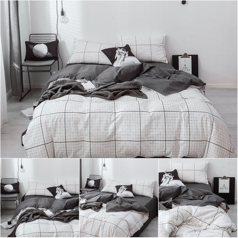 White Grid Cotton Bedding Set TwinQueenKing Duvet Cover Set Boho Quilt Cover Set Bedding Set For Couples For Boys For Teens Minimalist