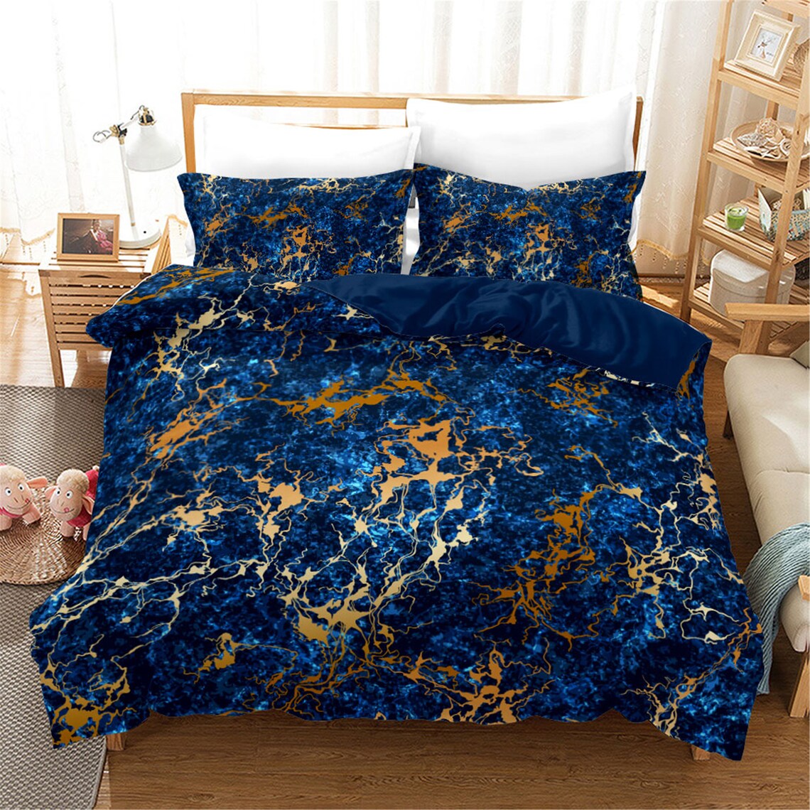 Blue Marble Texture Duvet Cover Bedding Set 3 Piece Comforter Etsy