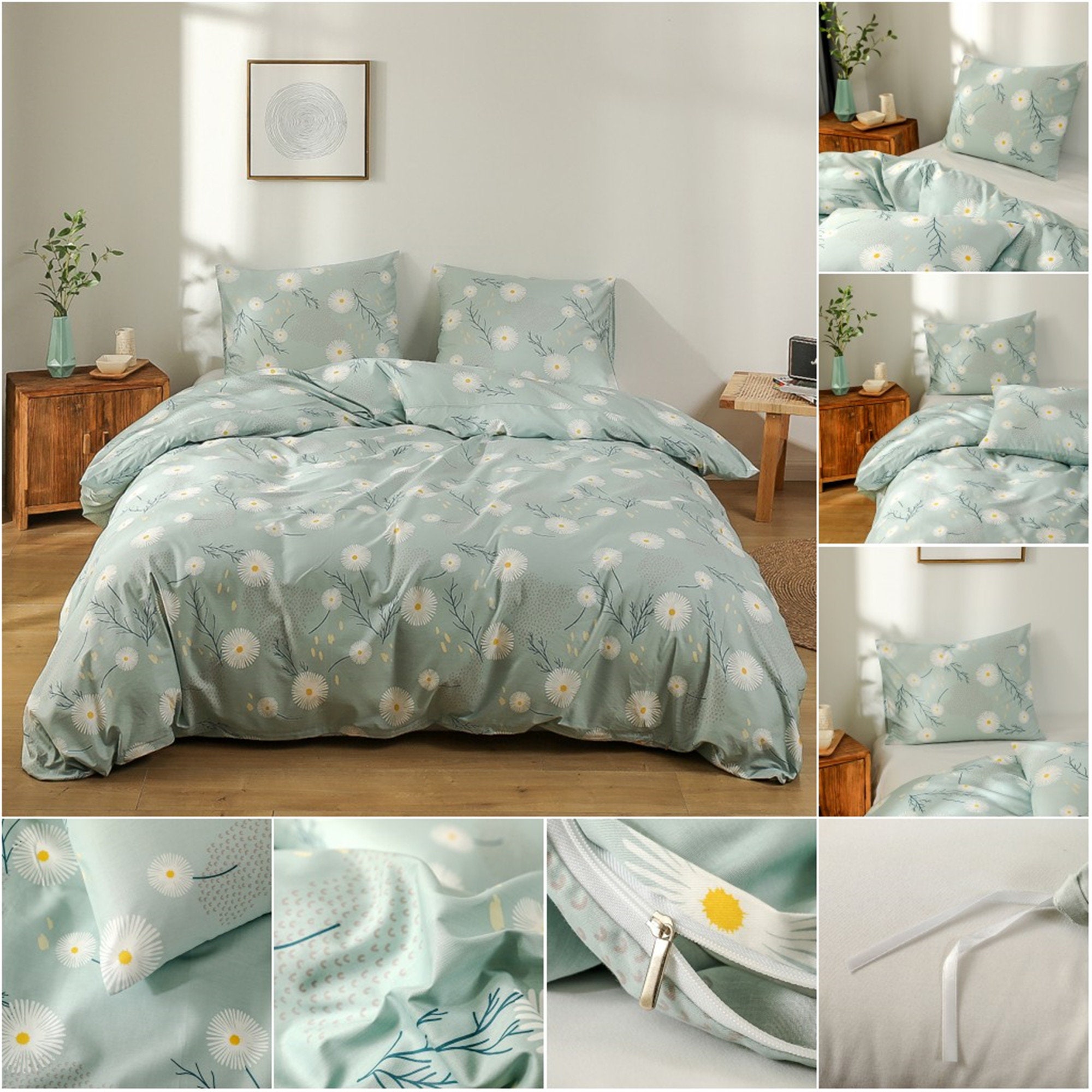 100Cotton Green Floral Duvet Cover Concise Design 3Piece Etsy