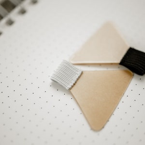Könnte beinhalten: Zwei beigefarbene Lesezeichen aus Papier mit einem weißen und schwarzen Gummiband.
