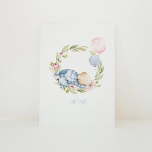 Postkarte zur Taufe - Teddybär - Blau - Option: Kuvert