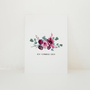 Ich vermisse dich - Postkarte - Eukalyptus - rote Blumen -  Option: Kuvert