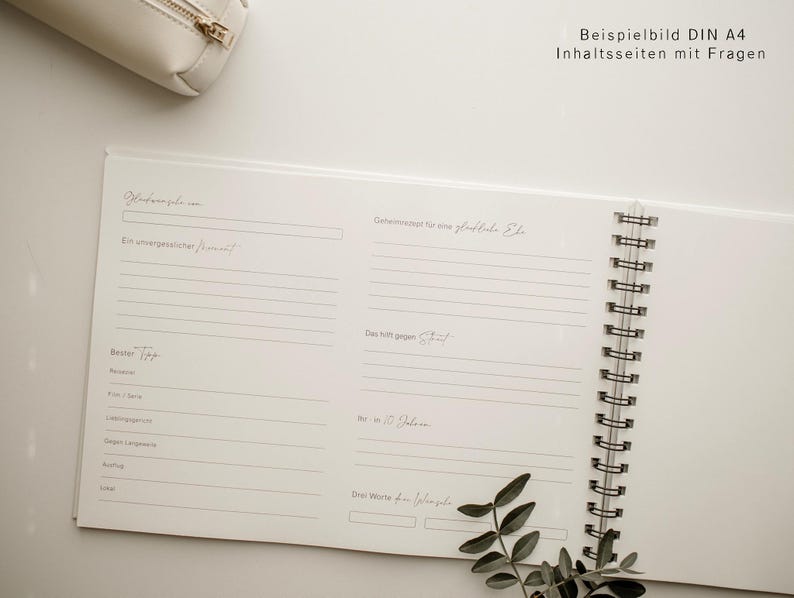 Gästebuch, Hochzeit, Personalisiert, personalisierbar mit Namen, Ringbuch, Fotoalbum, zum Ausfüllen oder Blanko, Hardcover Einband, Modernes Design, Greenery, Grüne Zweige, Eukalyptus, Inhaltsseiten mit Fragen, Erinnerungsbuch