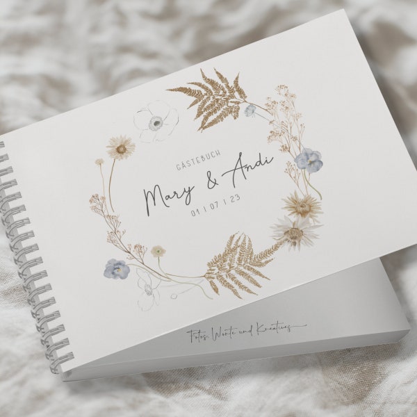 Gästebuch Hochzeit personalisiert Boho Stil mit Trockenblumen DIN A5 quer