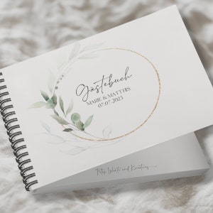 Gästebuch Hochzeit Eukalyptus Kranz Greenery DIN A5 quer personalisiert mit Namen Datum Wuschtext