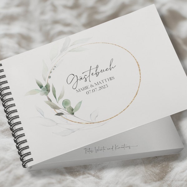 Gästebuch Hochzeit Eukalyptus Kranz Greenery DIN A5 quer personalisiert mit Namen Datum Wuschtext