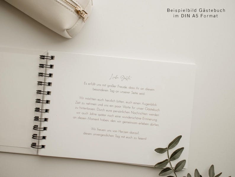 Gästebuch, Hochzeit, Personalisiert, personalisierbar mit Namen, Ringbuch, Fotoalbum, zum Ausfüllen oder Blanko, Hardcover Einband, Modernes Design, Greenery, Grüne Zweige, Eukalyptus, Inhaltsseiten mit Fragen, Erinnerungsbuch