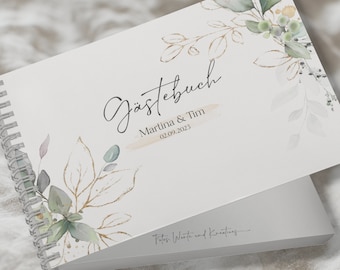 Gästebuch Hochzeit Eukalyptus Kranz Greenery DIN A5 quer personalisiert mit Namen Datum Wuschtext