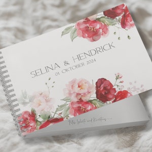 Libro de firmas boda peonias rosas rojas paisaje DIN A5 personalizado con nombre fecha texto deseado