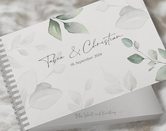 Gästebuch Hochzeit Hardcover Ringbuch DIN A5 quer personalisiert mit Namen Datum Wuschtext Greenery Eukalyptus