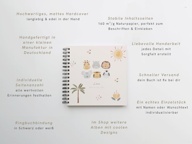 Blankobuch Kinder-Erinnerungsbuch 21x21 cm als Hardcover Ringbuch. Personalisiertes Album mit 160 g/m² FSC-Papier und Herzmotiv – ideal als Fotoalbum, Kita-Erinnerungsbuch, Kindheitsalbum, Gästebuch oder für Worte der Eltern und Erinnerungsstücke.