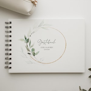 Gästebuch, Hochzeit, Personalisiert, personalisierbar mit Namen, Ringbuch, Fotoalbum, zum Ausfüllen oder Blanko, Hardcover Einband, Modernes Design, Greenery, Grüne Zweige, Eukalyptus, Inhaltsseiten mit Fragen, Erinnerungsbuch
