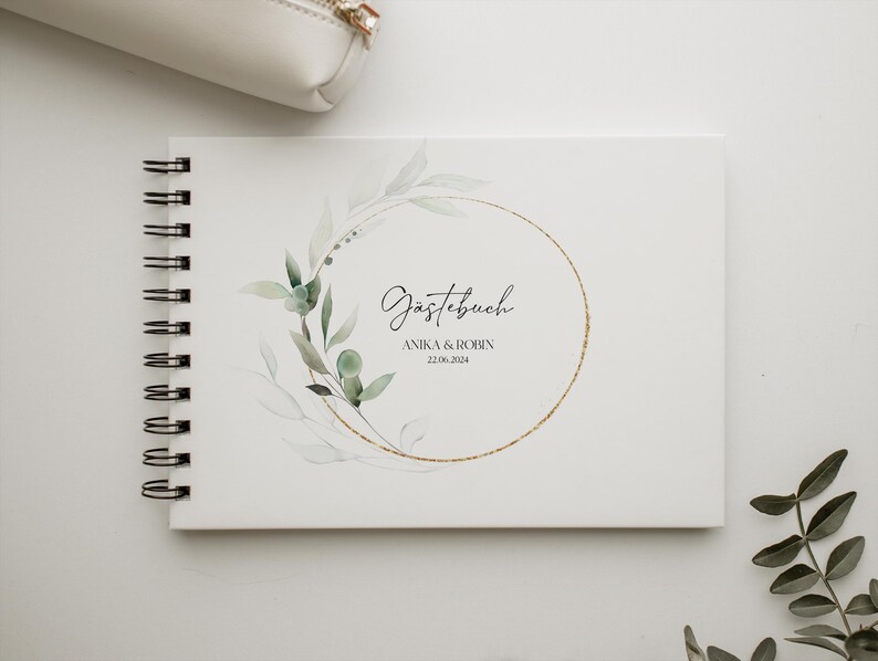 Gästebuch, Hochzeit, Personalisiert, personalisierbar mit Namen, Ringbuch, Fotoalbum, zum Ausfüllen oder Blanko, Hardcover Einband, Modernes Design, Greenery, Grüne Zweige, Eukalyptus, Inhaltsseiten mit Fragen, Erinnerungsbuch