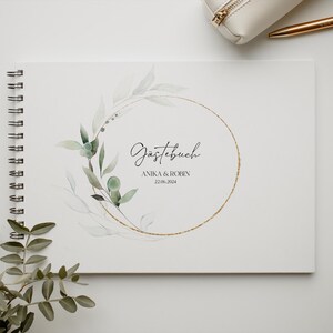 Gästebuch, Hochzeit, Personalisiert, personalisierbar mit Namen, Ringbuch, Fotoalbum, zum Ausfüllen oder Blanko, Hardcover Einband, Modernes Design, Greenery, Grüne Zweige, Eukalyptus, Inhaltsseiten mit Fragen, Erinnerungsbuch