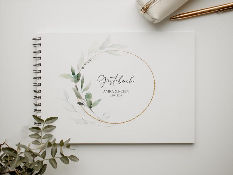 Gästebuch, Hochzeit, Personalisiert, personalisierbar mit Namen, Ringbuch, Fotoalbum, zum Ausfüllen oder Blanko, Hardcover Einband, Modernes Design, Greenery, Grüne Zweige, Eukalyptus, Inhaltsseiten mit Fragen, Erinnerungsbuch