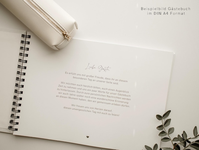 Gästebuch, Hochzeit, Personalisiert, personalisierbar mit Namen, Ringbuch, Fotoalbum, zum Ausfüllen oder Blanko, Hardcover Einband, Modernes Design, Greenery, Grüne Zweige, Eukalyptus, Inhaltsseiten mit Fragen, Erinnerungsbuch