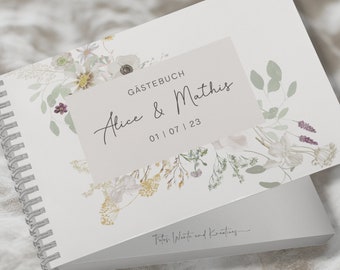 Gästebuch Hochzeit personalisiert Wildblumen Boho Beige DIN A5 quer Mit Fragen oder Blankoseiten