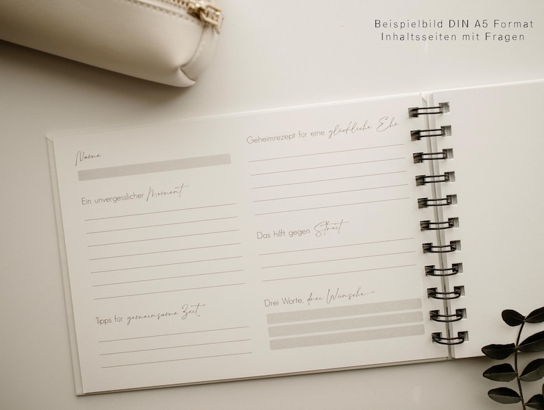Gästebuch, Hochzeit, Personalisiert, personalisierbar mit Namen, Ringbuch, Fotoalbum, zum Ausfüllen oder Blanko, Hardcover Einband, Modernes Design, Greenery, Grüne Zweige, Eukalyptus, Inhaltsseiten mit Fragen, Erinnerungsbuch