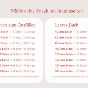 May include: A chart titled W&auml;hle deine Anzahl an Inhaltsseiten with two columns. The left column, Buch zum Ausf&uuml;llen, lists page counts from 40 to 180 with corresponding sheet and entry counts. The right column, Leeres Buch, lists blank page counts.