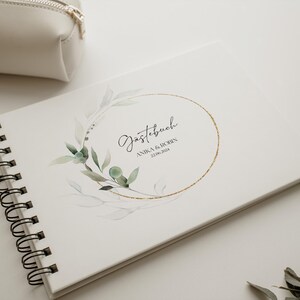 Gästebuch, Hochzeit, Personalisiert, personalisierbar mit Namen, Ringbuch, Fotoalbum, zum Ausfüllen oder Blanko, Hardcover Einband, Modernes Design, Greenery, Grüne Zweige, Eukalyptus, Inhaltsseiten mit Fragen, Erinnerungsbuch