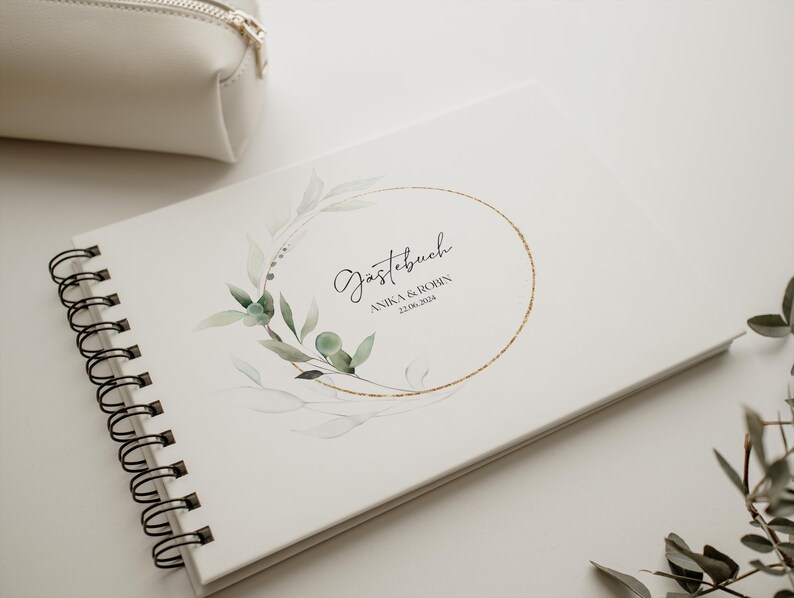 Gästebuch, Hochzeit, Personalisiert, personalisierbar mit Namen, Ringbuch, Fotoalbum, zum Ausfüllen oder Blanko, Hardcover Einband, Modernes Design, Greenery, Grüne Zweige, Eukalyptus, Inhaltsseiten mit Fragen, Erinnerungsbuch