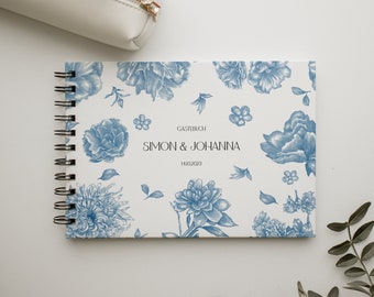 Gästebuch Hochzeit Hardcover Ringbuch DIN A5 quer oder DIN A4 quer personalisiert | Blaue Blumen Muster | Modern