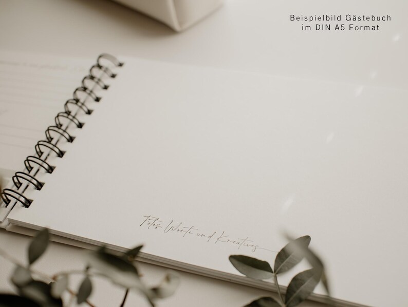 Gästebuch, Hochzeit, Personalisiert, personalisierbar mit Namen, Ringbuch, Fotoalbum, zum Ausfüllen oder Blanko, Hardcover Einband, Modernes Design, Greenery, Grüne Zweige, Eukalyptus, Inhaltsseiten mit Fragen, Erinnerungsbuch
