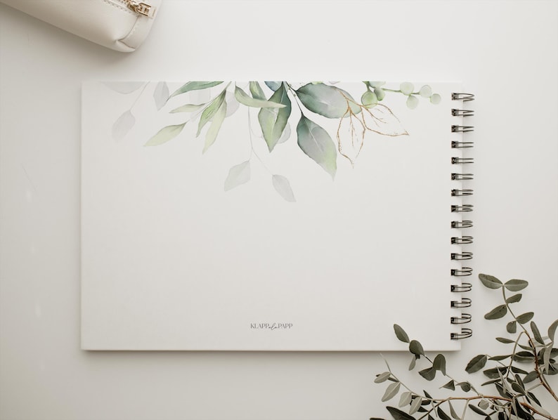 Gästebuch, Hochzeit, Personalisiert, personalisierbar mit Namen, Ringbuch, Fotoalbum, zum Ausfüllen oder Blanko, Hardcover Einband, Modernes Design, Greenery, Grüne Zweige, Eukalyptus, Inhaltsseiten mit Fragen, Erinnerungsbuch